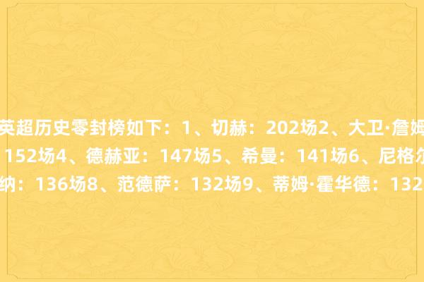 英超历史零封榜如下：1、切赫：202场2、大卫·詹姆斯：169场3、施瓦泽：152场4、德赫亚：147场5、希曼：141场6、尼格尔·马丁：137场7、雷纳：136场8、范德萨：132场9、蒂姆·霍华德：132场10、弗里德尔：132场11、舒梅切尔：128场12、乔·哈特：127场13、洛里：127场14、埃德松：115场15、吉文：113场16、雅斯科莱宁：108场17、索伦森：107场18、阿利松：100场    体育录像/图片